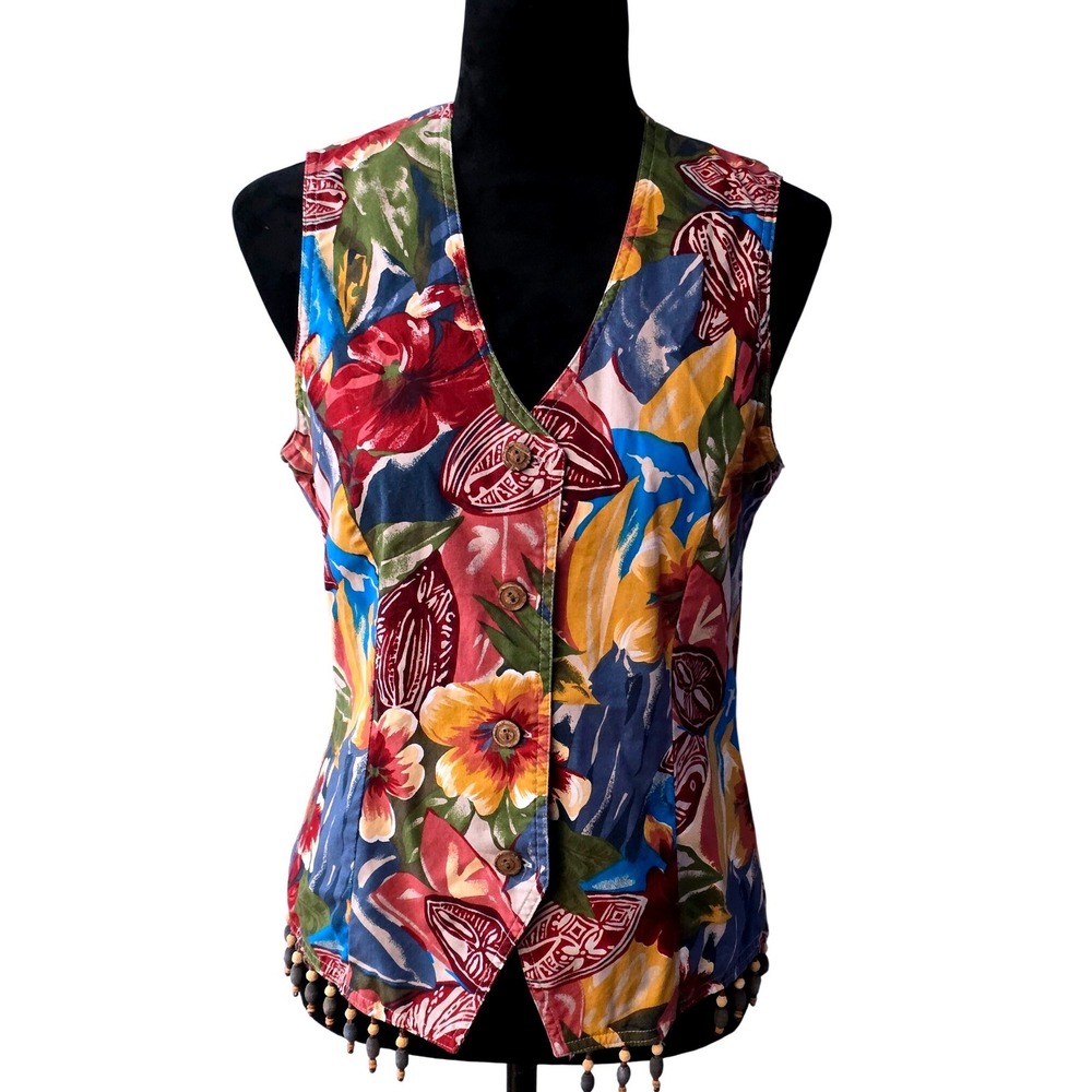 vintage Lucia Petites tropical floral Vest Beaded Trim V Neck‎ Women's Size S